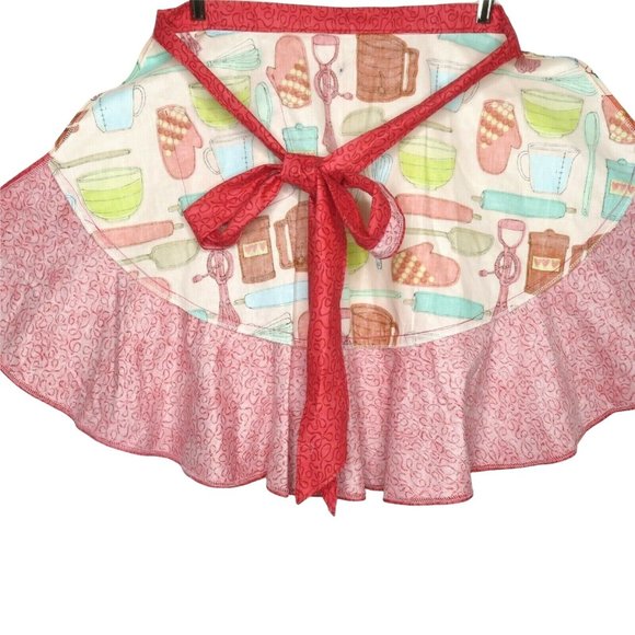 Retro Cooking Half Apron One Size Baking Red Ruffle Pocket Tie Waist NEW - Picture 11 of 11
